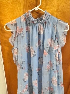 Melloday Light Blue Floral Ruffle Mock Neck Blouse
